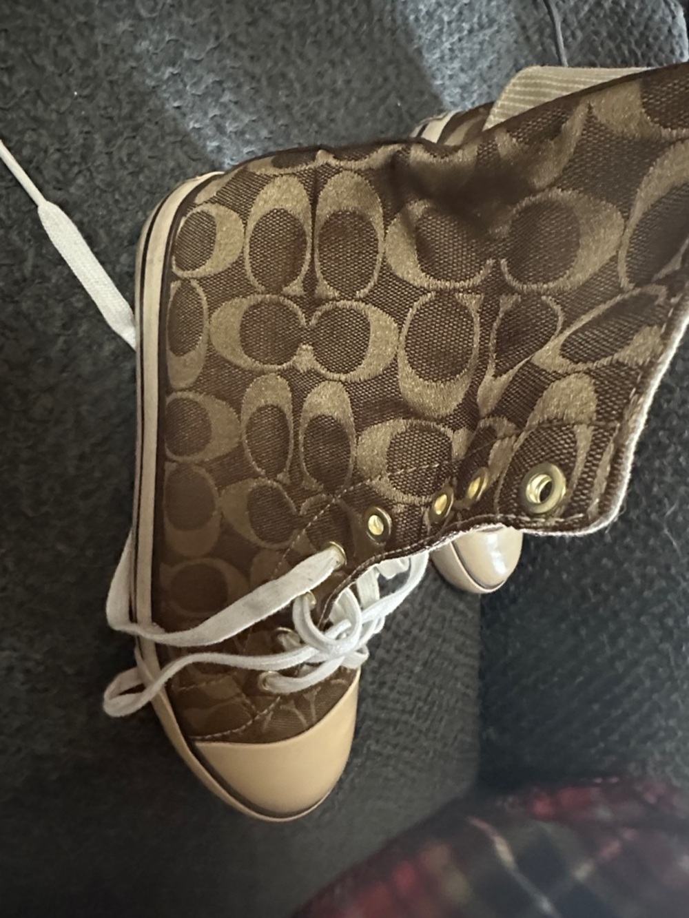 Coach Kids Brown Signature High-Top Sneakers with Cream Accents